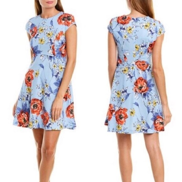 VINCE CAMUTO Floral Fit and Flare Cap Sleeve Dress Blue Red Mini Party Wedding 4 - Picture 3 of 16